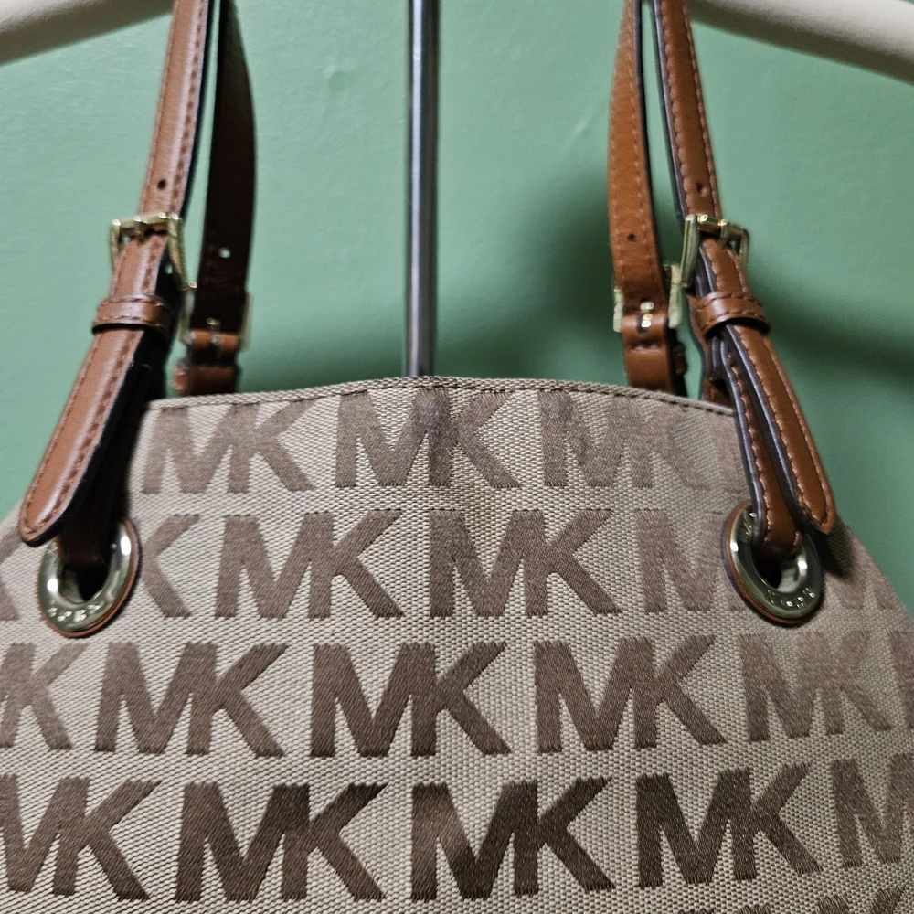 MICHAEL‎ KORS BROWN MEDIUM CARRYALL TOTE JET SET TRAVEL GRAPHIC LOGO BAG - Picture 10 of 16